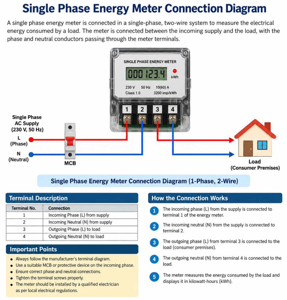 Single Phase Energy Meter connection diagram